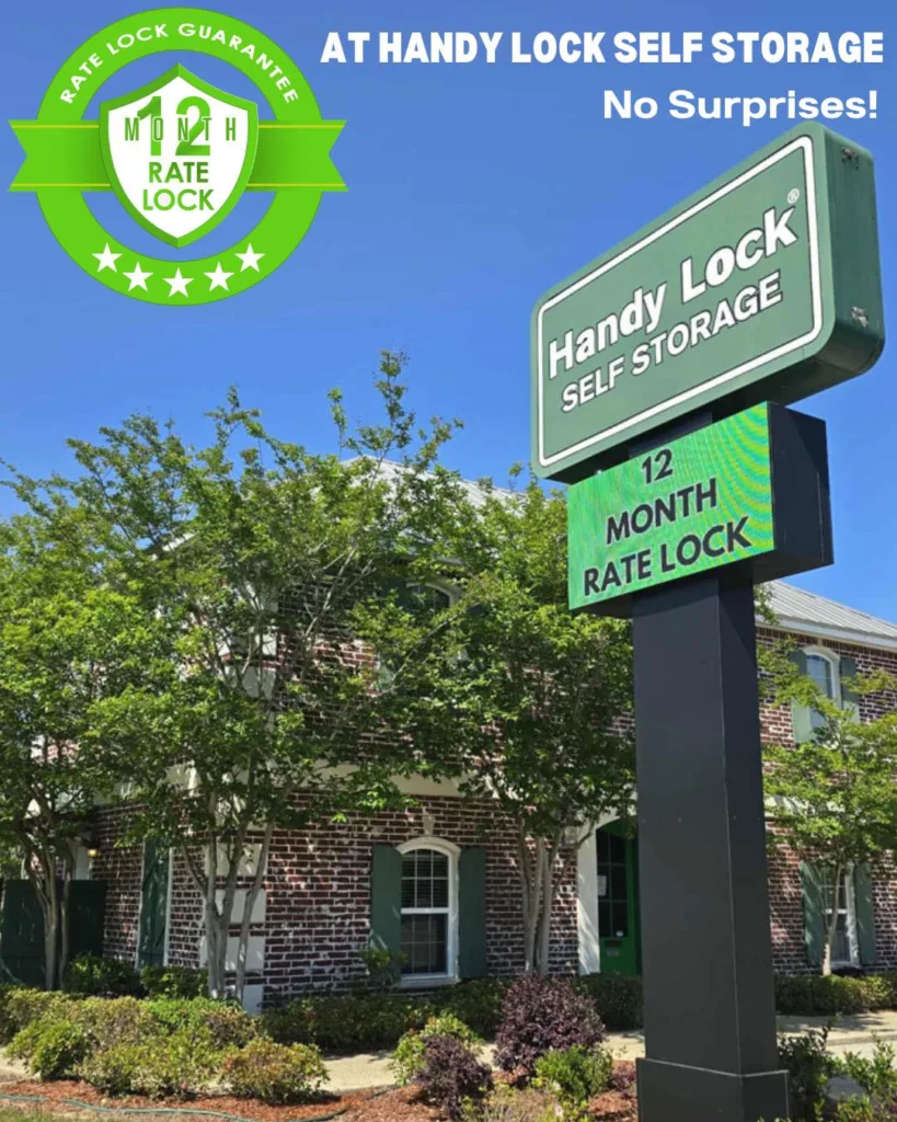 Handy Lock Self Storage sign and brick office building with trees, promoting 12-Month Rate Lock Guarantee and no-surprise pricing.