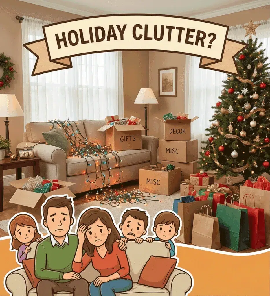 Illustration of a cluttered holiday living room with boxes labeled gifts, décor, and misc, a stressed family, and a Christmas tree — promoting Handy Lock Self Storage holiday storage solutions.