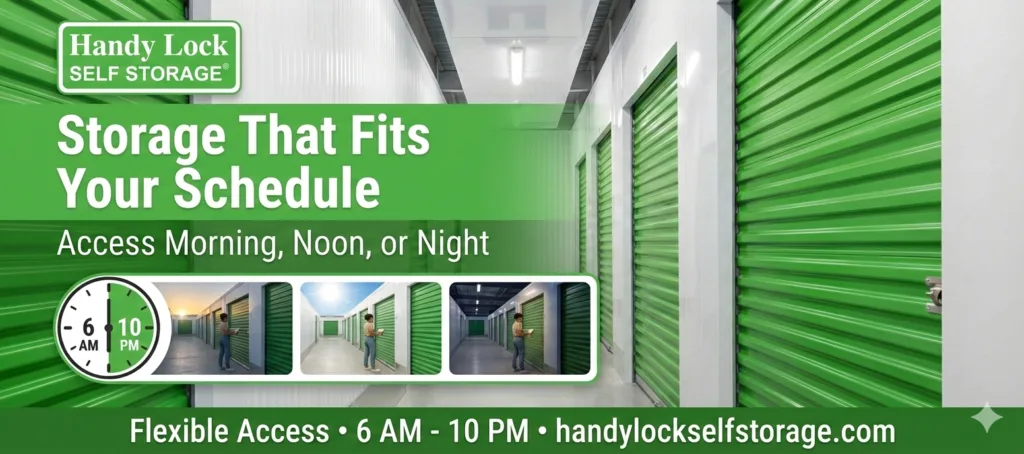 Balances visual description (green storage units and clock icon) with high-value keywords like "month-to-month flexibility" and "guaranteed rate".
