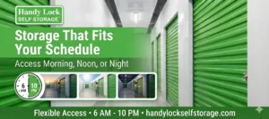 Balances visual description (green storage units and clock icon) with high-value keywords like "month-to-month flexibility" and "guaranteed rate".