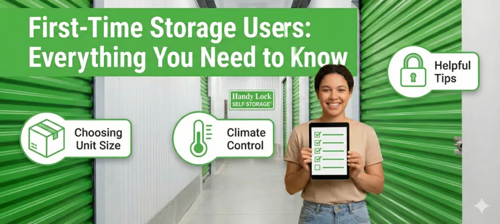 Handy Lock Self Storage unit with a green 365 rate lock and month-to-month flexibility for first-time renters.