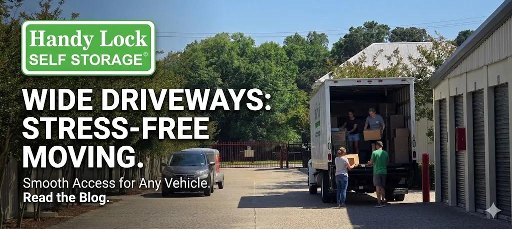 A moving truck and a car with a trailer are parked side-by-side on a wide, paved driveway at a Handy Lock Self Storage facility. Three people are unloading boxes from the back of the moving truck. The text on the image reads, "WIDE DRIVEWAYS: STRESS-FREE MOVING. Smooth Access for Any Vehicle. Read the Blog." The Handy Lock Self Storage logo is in the top left corner.